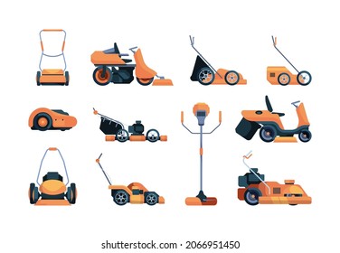 Lawn mower. Mower tractor for grass care and cutting machines for gardener garish vector illustrations set