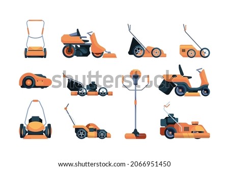 Lawn mower. Mower tractor for grass care and cutting machines for gardener garish vector illustrations set