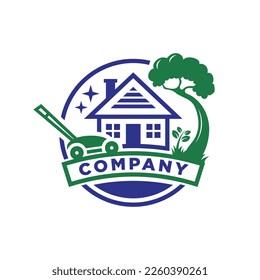 Lawn mower and tree house logo isolated on white background. Logo for home and outdoor care.