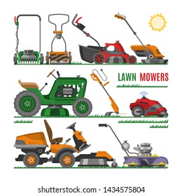 Lawn mower vector gardening lawnmower equipment mowing cutter tool illustration set of mower-engine machine grass-cutter tractor garden trimmer isolated on white background