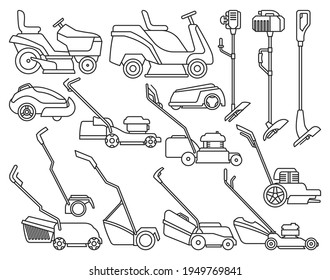 Lawn mower vector illustration on white background. Isolated outline set icon lawnmower. Vector outline set icon lawn mower.