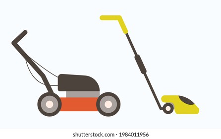 Lawn mower vector set. Lawn mower icons. Vector flat gardening grass-cutter. Big lawn mower. Manual lawn mower. Flat vector illustration.