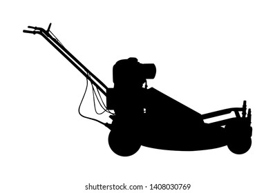 Lawn mower vector silhouette. Mowed grass trimmer for garden. Lawn mower cutting green grass. Landscaper equipment for outdoor activity. Back yard cutter. Park maintenance motor machine.
