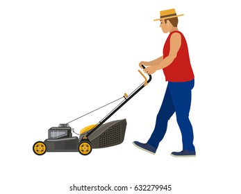 Lawn mower worker man cutting grass, vector illustration