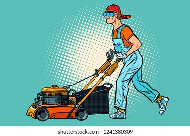 lawn mower worker. Profession and service. Pop art retro vector illustration vintage kitsch