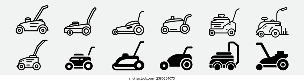 Lawn Mowers icon, Lawn Mower Machine Icon Outline Vector, lawn mower Icon, Various types of tractor machine, gardening grass-cutter. Lawn mower machine. Farm lawnmowers logo, riding garden tractor 