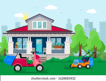 Lawn mowers stand on grass in yard front of beautiful private house vector illustration flat. Motorcycle and electric two lawn mowers machine garden care household equipment.