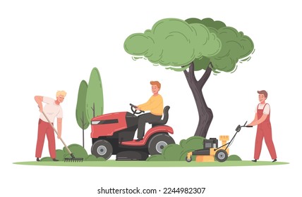 Lawn mowing cartoon with male workers cutting grass using different machines vector illustration