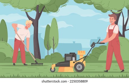 Lawn mowing cartoon with male workers cutting grass vector illustration