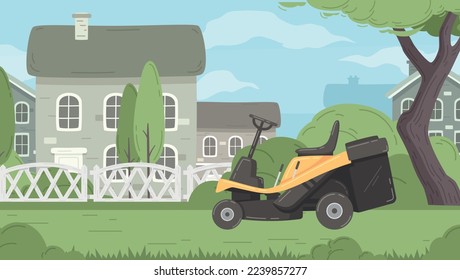 Lawn mowing cartoon poster with grass cutting machine and country house on background vector illustration