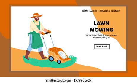 Lawn Mowing Gardener With Mower Device Vector. Garden Worker Man Lawn Mowing With Professional Equipment. Character Care And Cutting Grass On Backyard Web Flat Cartoon Illustration