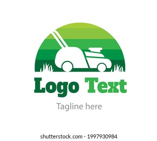 Lawn mowing and gardening logo vector illustration with dummy text on white background. 