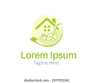 Lawn mowing and gardening logo vector illustration with dummy text on white background. 