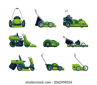 Lawn Mowing. Gardening Machines Tractors For Cutting Spring Green Grass And Leaves Garish Vector Cartoon Colored Technics