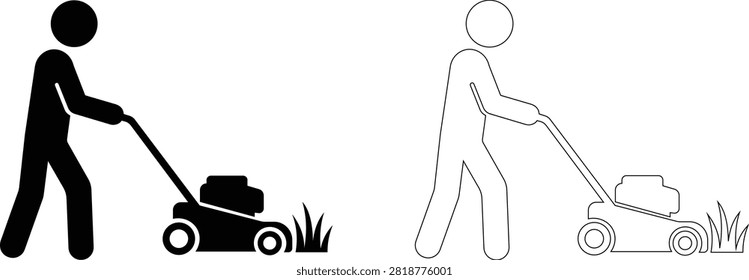 Lawn Mowing Icon, Person Using Lawn Mower Pictogram, Grass Cutting Symbol, Gardening Vector EPS