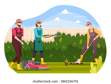Lawn Mowing Illustration, People doing Lawn Mowing and Grass Cutting. This illustration can be use for website, landing page, web, app, and banner.