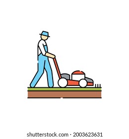 Lawn mowing сolor line icon. Garden service. Pictogram for web page, mobile app, promo. UI UX GUI design element. Editable stroke.