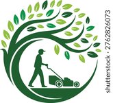 Lawn Mowing Service Circular Vector Logo, Green Eco-Friendly Landscaping and Gardening Icon, Man Mowing Grass Under a Large Tree Silhouette.