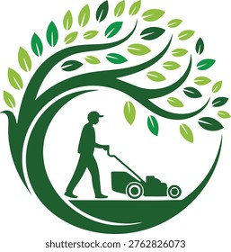 Lawn Mowing Service Circular Vector Logo, Green Eco-Friendly Landscaping and Gardening Icon, Man Mowing Grass Under a Large Tree Silhouette.