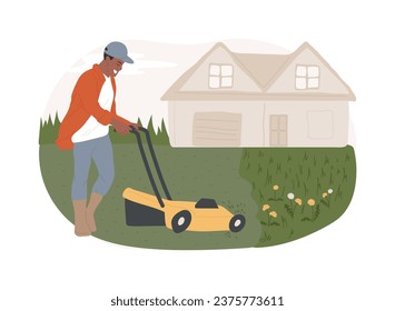 Lawn mowing service isolated concept vector illustration. Grass cutting and clean up, aeration and fertilizing, lawn weeding, gardening services, dandelion removal, blowing vector concept.