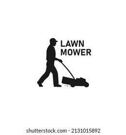 Lawn Mowing Worker Or Gardener Standing Or Walking And Holding Mower Black Vector Silhouette Illustration.