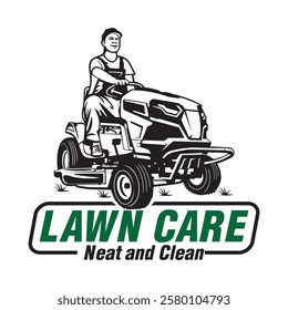 Lawn Mowing worker vector illustration in retro style logo, perfect for Lawn Care company logo design 