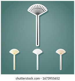 Lawn rake sign. Set of metallic Icons with gray, gold, silver and bronze gradient with white contour and shadow at viridan background. Illustration.