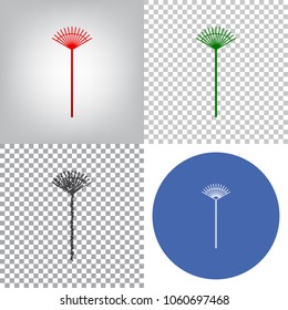 Lawn rake sign. Vector. 4 styles. Red gradient in radial lighted background, green flat and gray scribble icons on transparent and linear one in blue circle.