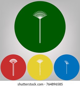 Lawn rake sign. Vector. 4 white styles of icon at 4 colored circles on light gray background.