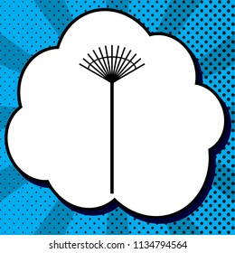 Lawn rake sign. Vector. Black icon in bubble on blue pop-art background with rays.