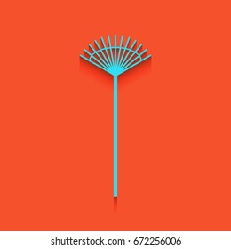 Lawn rake sign. Vector. Blue icon with soft shadow putted down on flamingo background.