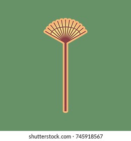 Lawn rake sign. Vector. Cordovan icon and mellow apricot halo with light khaki filled space at russian green background.