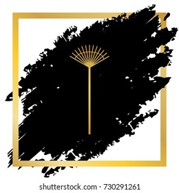 Lawn rake sign. Vector. Golden icon at black spot inside golden frame on white background.