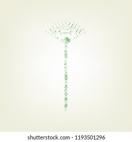 Lawn rake sign. Vector. Green hexagon rastered icon and noised opacity and size at light green background with central light.