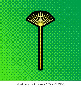 Lawn rake sign. Vector. Pop art orange to yellow dots-gradient icon with black contour at greenish background.