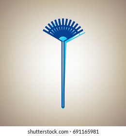Lawn rake sign. Vector. Sky blue icon with defected blue contour on beige background.
