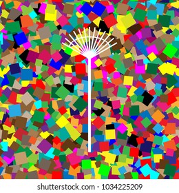 Lawn rake sign. Vector. White icon on colorful background with seamless pattern from squares.
