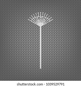 Lawn rake sign. Vector. White knitted icon on gray knitted background. Isolated.