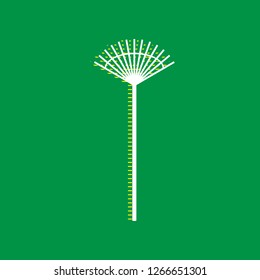 Lawn rake sign. Vector. White flat icon with yellow striped shadow at green background.