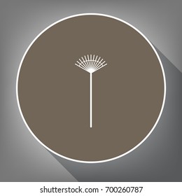 Lawn rake sign. Vector. White icon on brown circle with white contour and long shadow at gray background. Like top view on postament.