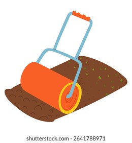 lawn roller smooths the surface of the soil. Gardening tools, tamp them down. Planting, seasonal work. Suitable for garden themes, planting, gardening, manual labor, seasonal work