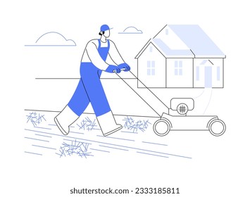 Lawn scarification abstract concept vector illustration. Gardener removes organic matter from lawn using scarifying machine, exterior works, thatch removal, grass maintenance abstract metaphor.