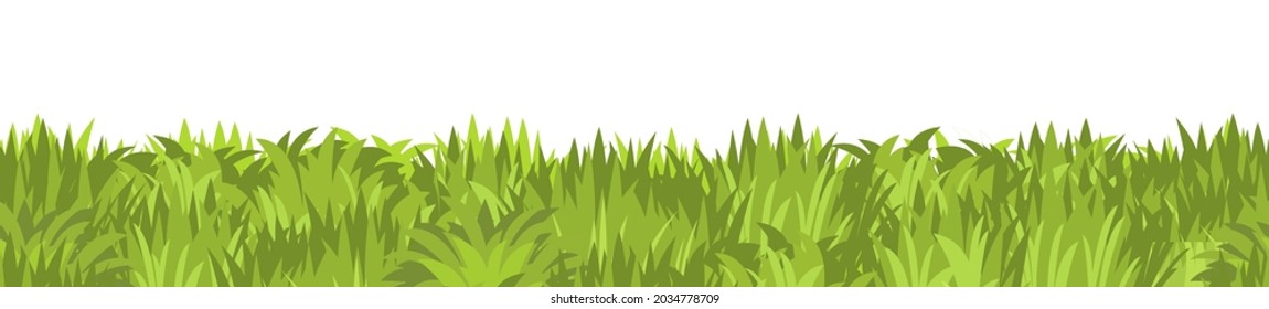 Rasen. Nahtlose Illustration. Gras, Nahaufnahme. Grüne Sommerlandschaft. Weideland auf dem Lande. Cartoon-Stil. Flaches Design. Einzeln auf weißem Hintergrund. Vektorgrafik.