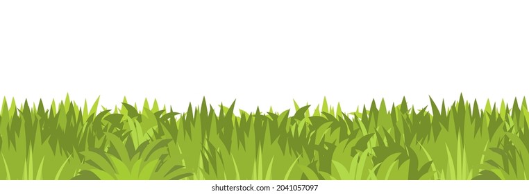 Lawn. Seamless illustration. Grass close-up. Green summer landscape. Rural pasture meadow. Cartoon style. Flat design. Isolated on white background. Vector art