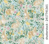 Lawn. Seamless pattern. Vintage vector illustration. Bunnies and chickens are among the flowers.
