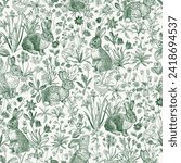 Lawn. Seamless pattern. Vintage vector illustration. Bunnies and chickens are among the flowers. Green and white