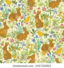 Lawn. Seamless pattern. Vintage vector botanical illustration. Bunnies are among the flowers.