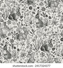 Lawn. Seamless pattern. Vintage vector botanical illustration. Bunnies are among the flowers. Black and white