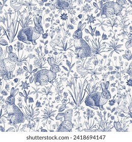 Lawn. Seamless pattern. Vintage vector illustration. Bunnies and chickens are among the flowers. Blue and white