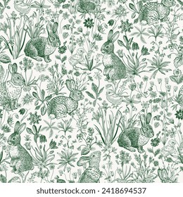 Lawn. Seamless pattern. Vintage vector illustration. Bunnies and chickens are among the flowers. Green and white